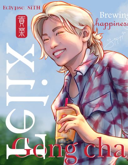 A detailed illustration of a handsome young man on a sunny day, holding an iconic bubble tea drink and smiling, text on the image reads Felix, Gong Cha, Brewing Happiness