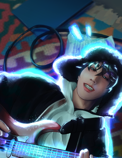 A cinematic illustration of a day dreamy young man laying on his bedroom floor strumming a red electric guitar while sparkling teal and purple magic swirls around his fingertip and form