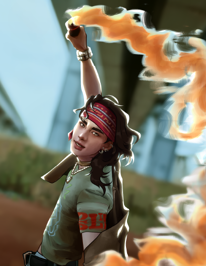 A cinematic illustration of a dahsing young man dressed in wirling unimpeded while waving a bright orange smoke flare