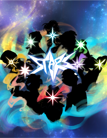 A stylized illustration depicting eight silhouettes in front of a vibrant blue, purple, and yellow galaxy background holding multicoloured stars that glow blue, yellow, pink, teal, red, gold, purple, and green surrounding a distinctive logo comprised of the word Stars shaped to look like a star