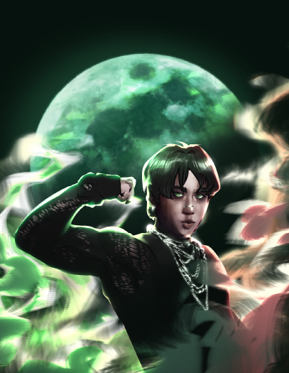A cinematic illustration of a muscular young man felxing as pink and green smoke swirls around him, a bold green supermoon rises behind him, dominating the night sky
