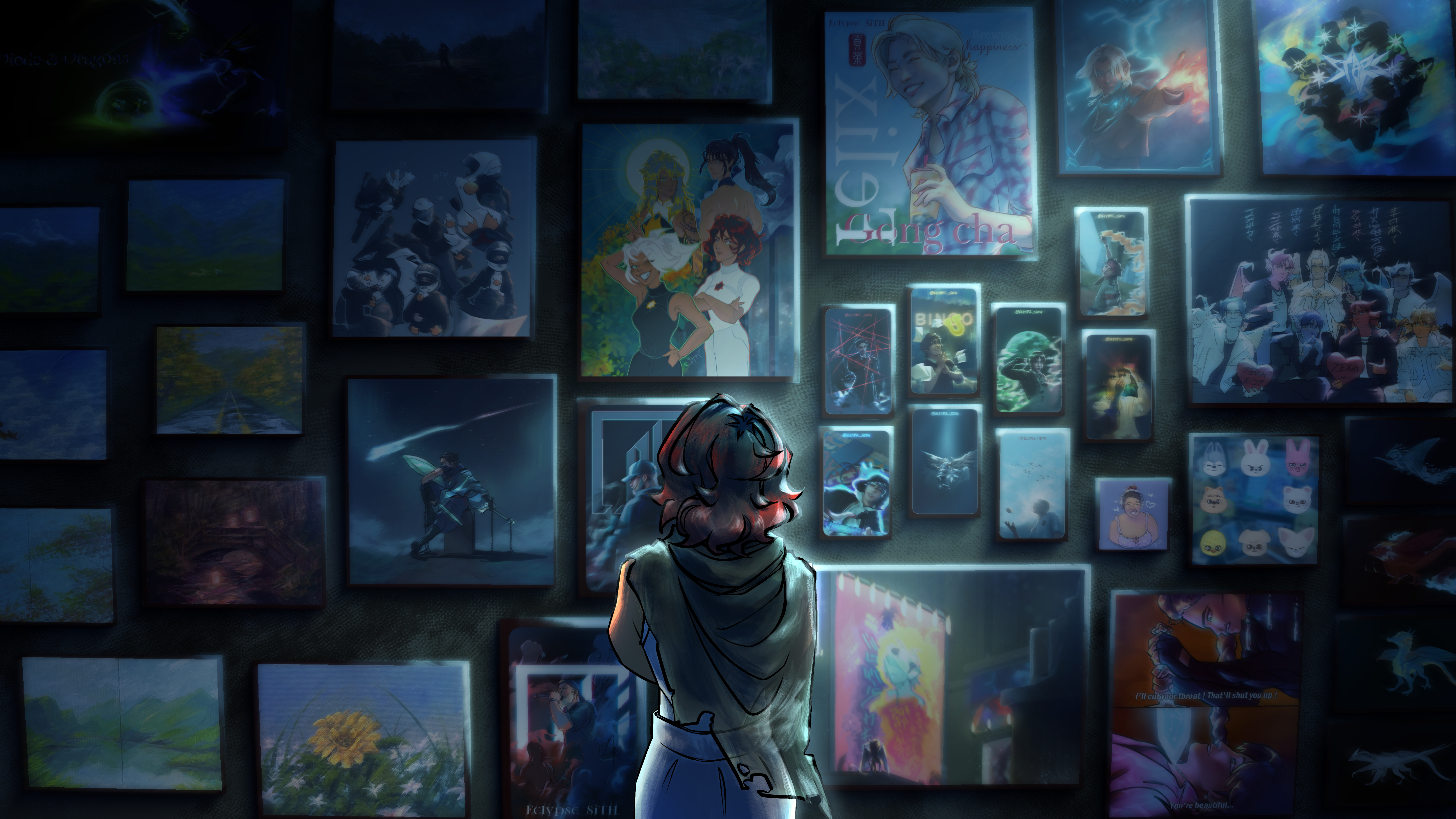 A sombre picturesque illustration featuring a wall filled with paintings and a young woman with black hair observing the paintings, barely illuminated by a beam of pale moonlight